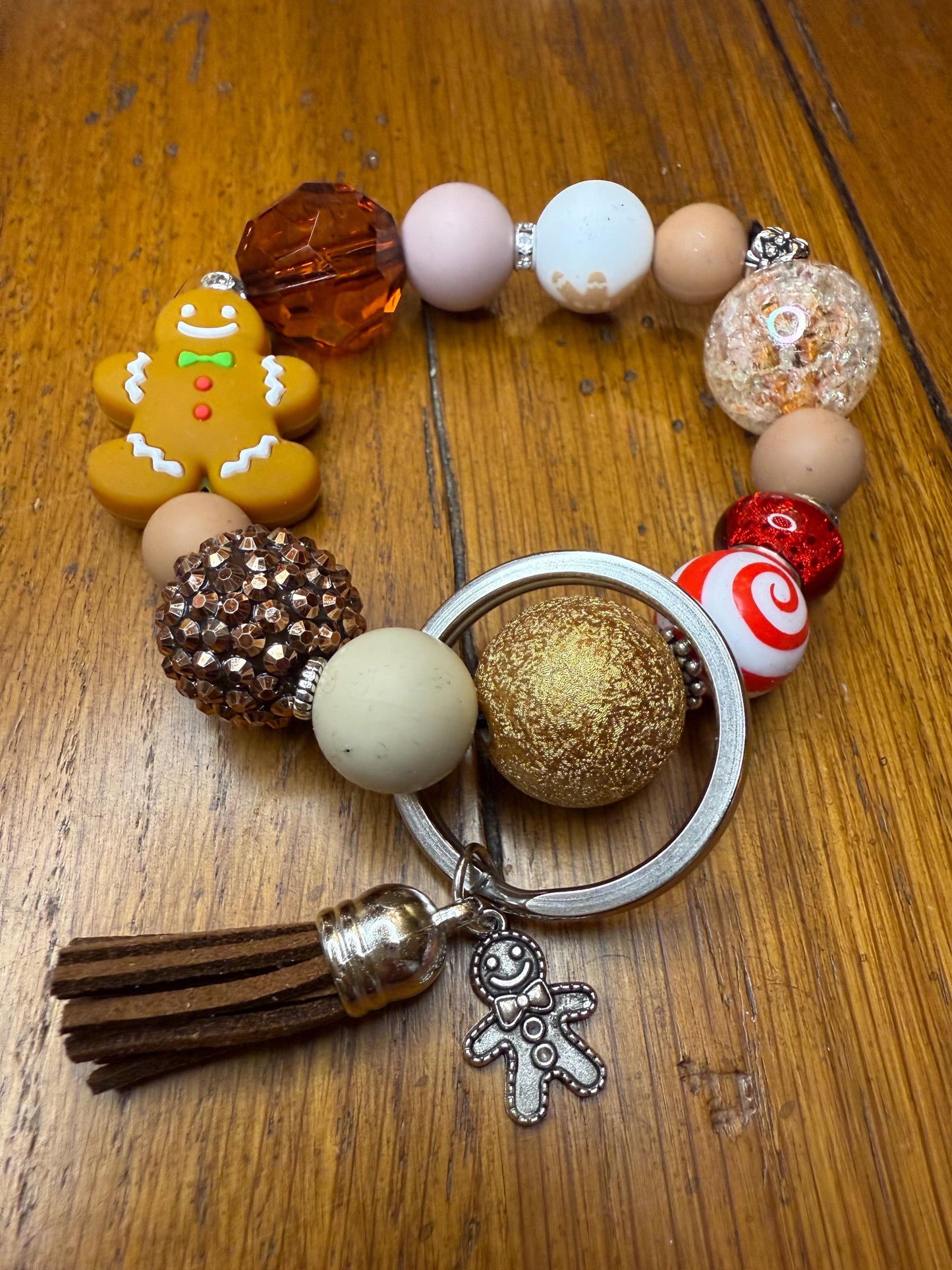 Gingerbread Sparkle Beaded Keychain Bracelet | Christmas Gingerbread Charm Wristlet | Holiday Candy Cane Tassel Keyring