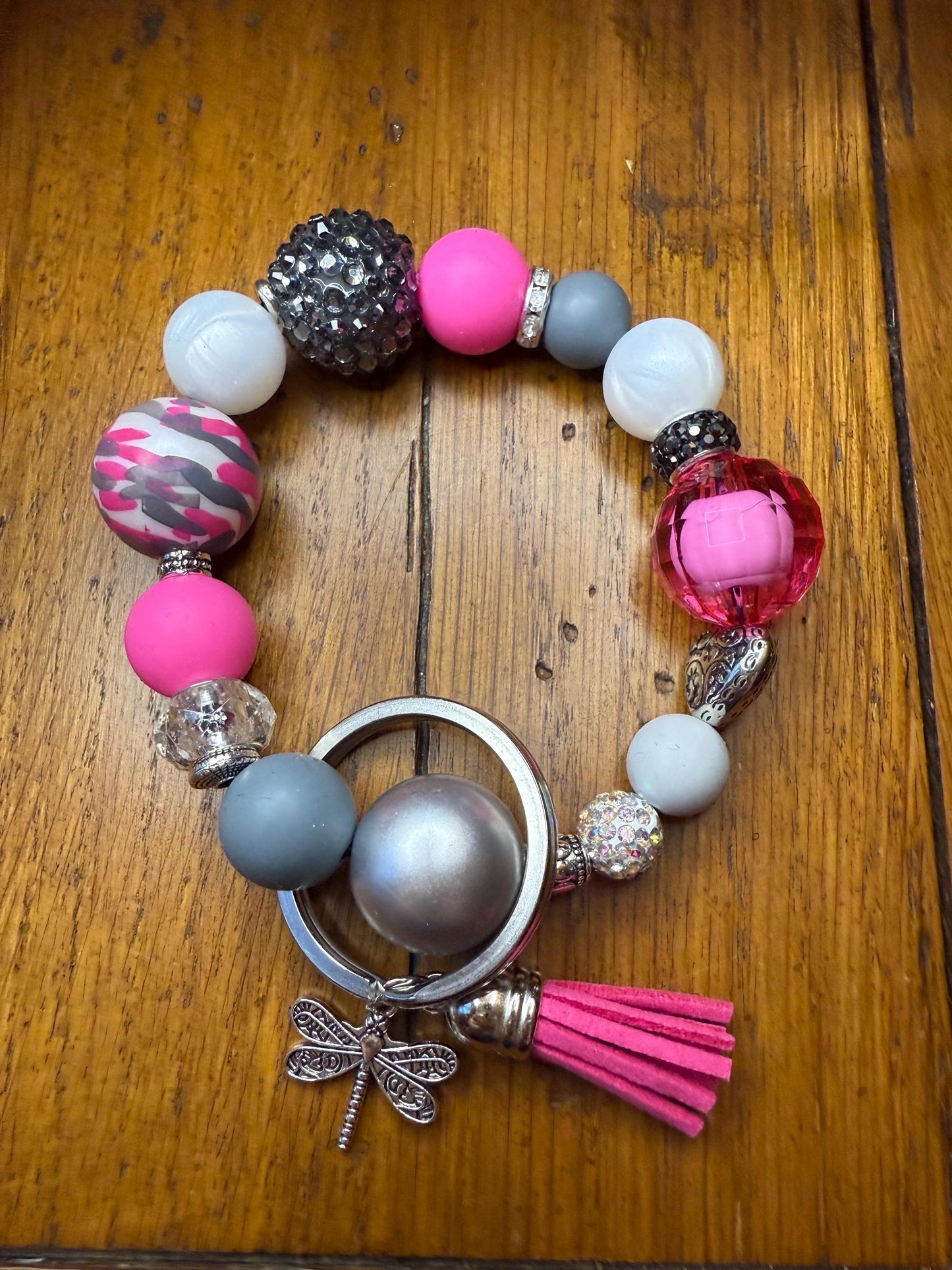 Dragonfly Beaded Bracelet Keychain | Pink Tassel Wristlet
