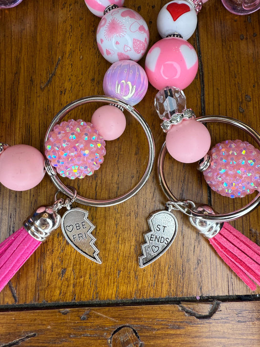 Bestie Bracelet Keychain Set β Pink Heart Friendship Gift