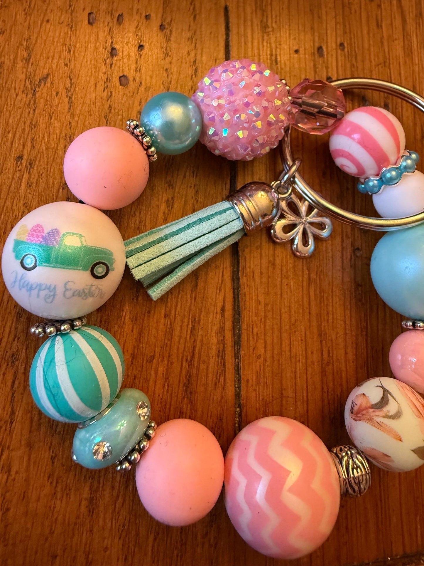 Easter Car Beaded Wristlet Keychain | Pastel Spring Bunny Egg Hunt Accessory - Easter Joyride
