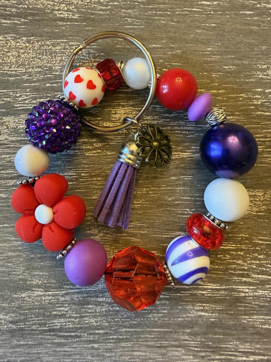 Berry Bloom Beaded Wristlet Keychain Bracelet | Floral Silicone, Acrylic Beads, Tassel Charm