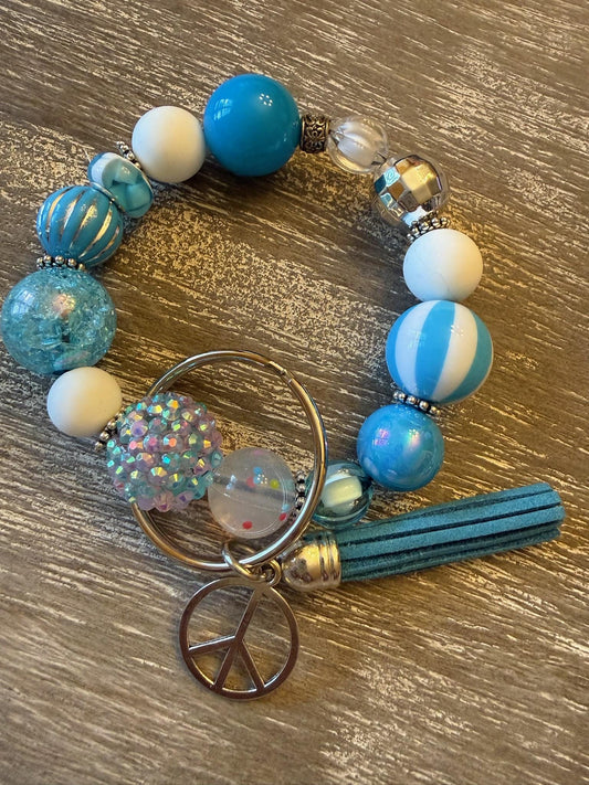 Beaded Wristlet Keychain Bracelet | Blue Ocean Beach Summer Style Peace Charm Tassel