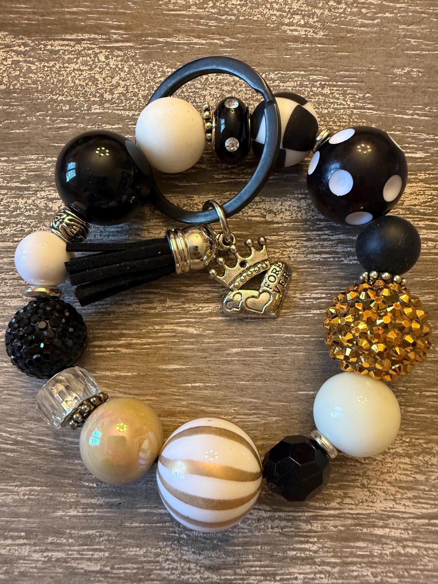 Black Gold Beaded Keychain Wristlet | Neutral Glam Bracelet Tassel Charm Golden Heiress