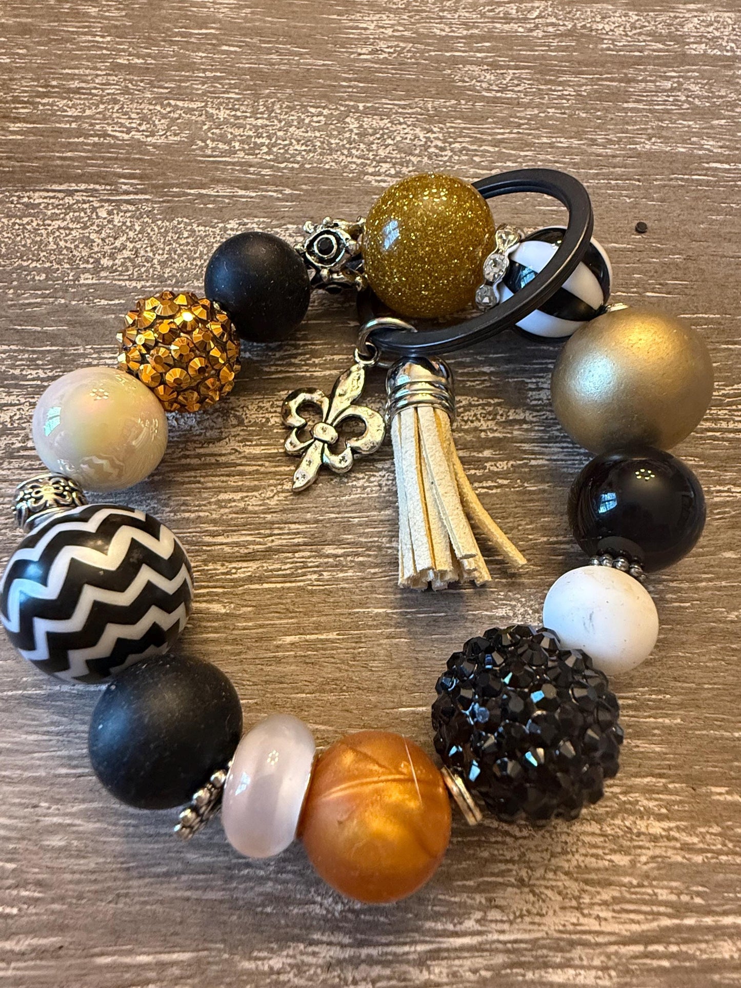 Black Gold Beaded Keychain Wristlet | Fleur de Lis Charm Bracelet | Glam Accessory