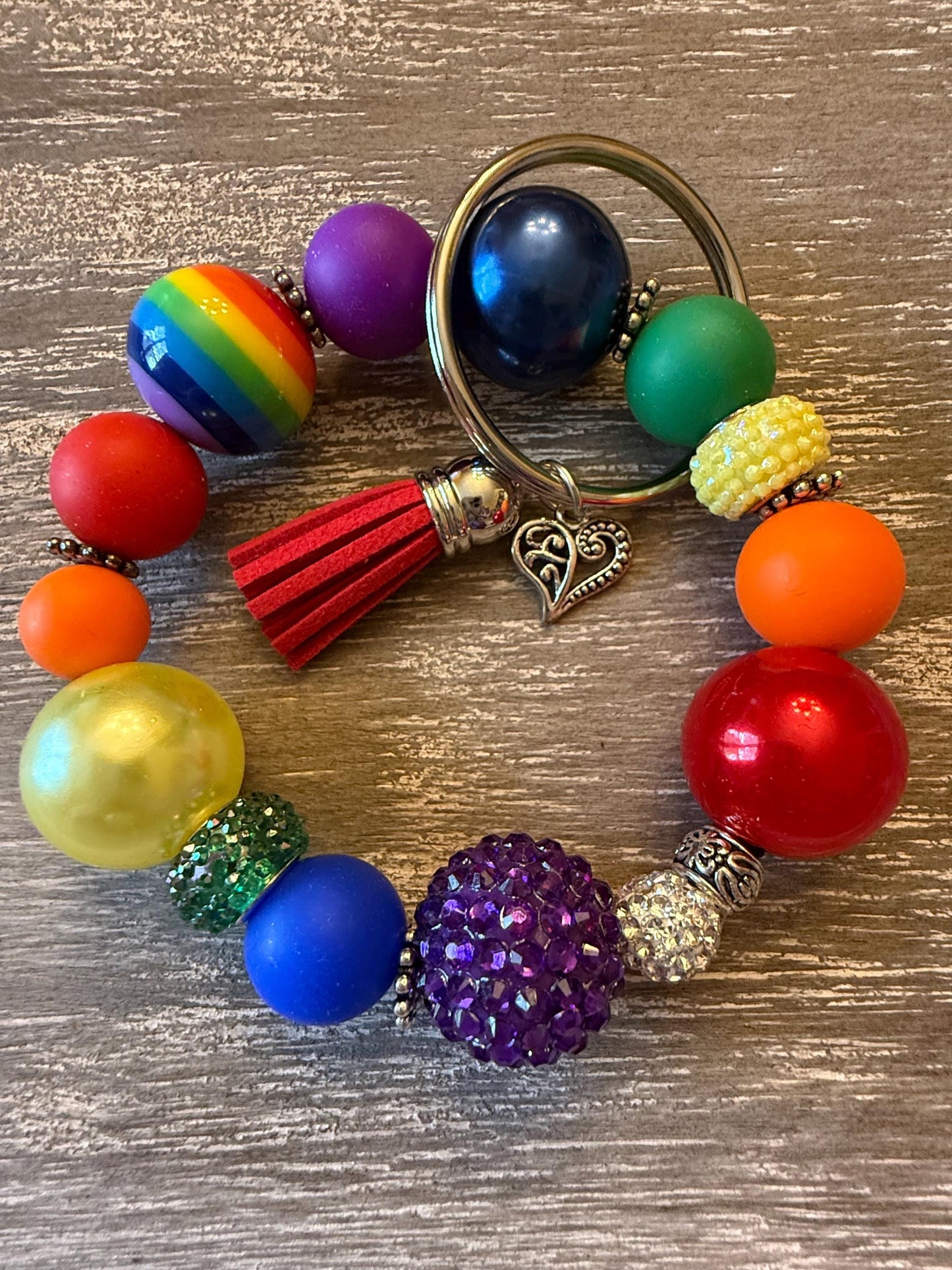 Rainbow Beaded Keychain Bracelet Wristlet: Silicone Bead Key Ring |True Colors