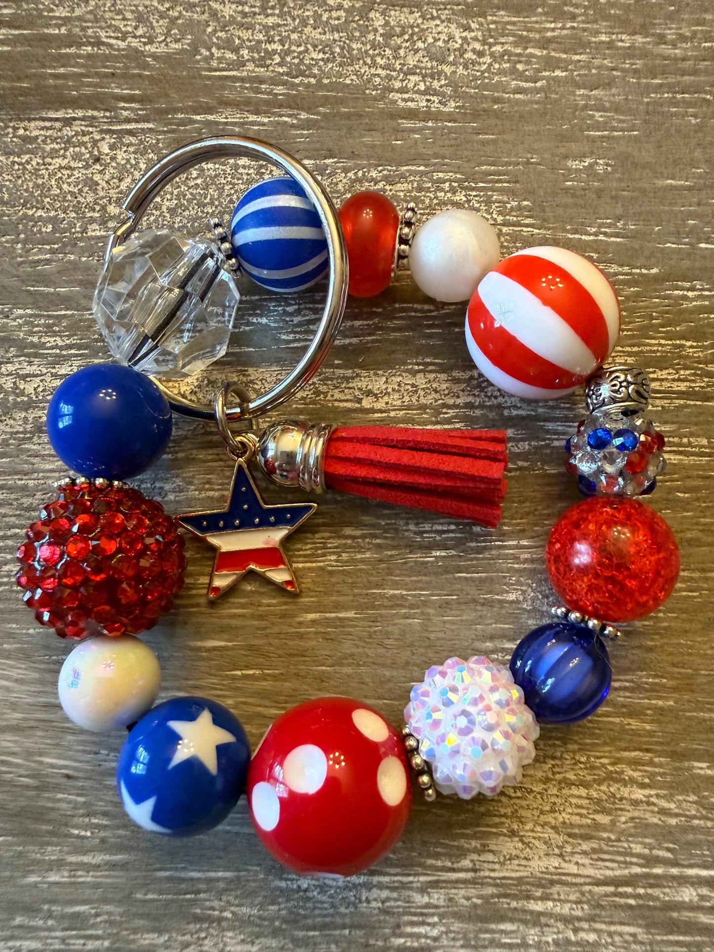 Red, White & Bling Keychain Wristlet Key Ring