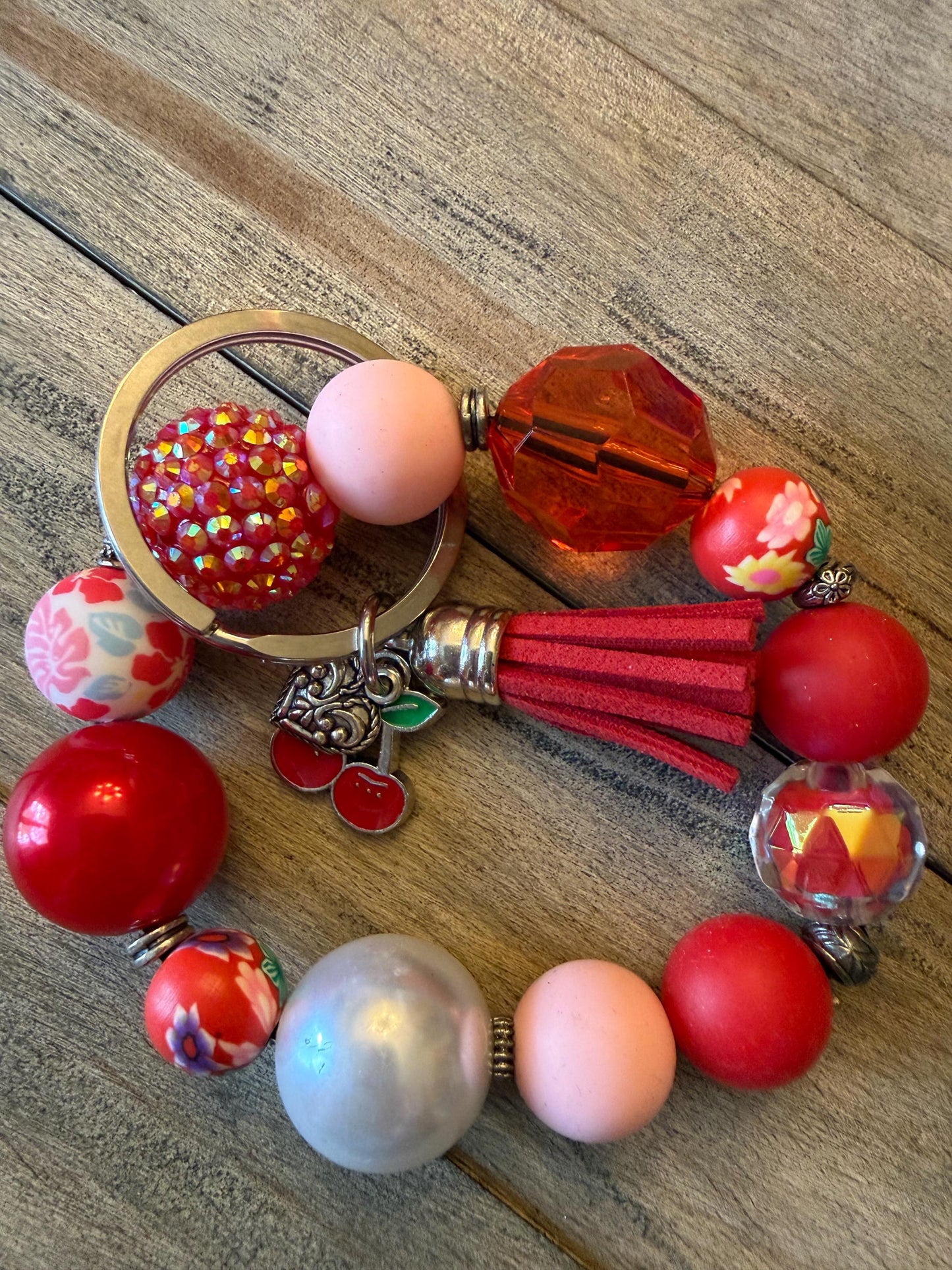 Cherry Bomb Chunky Beaded Keychain Bracelet: Red, White, and Pink Wristlet Key Ring