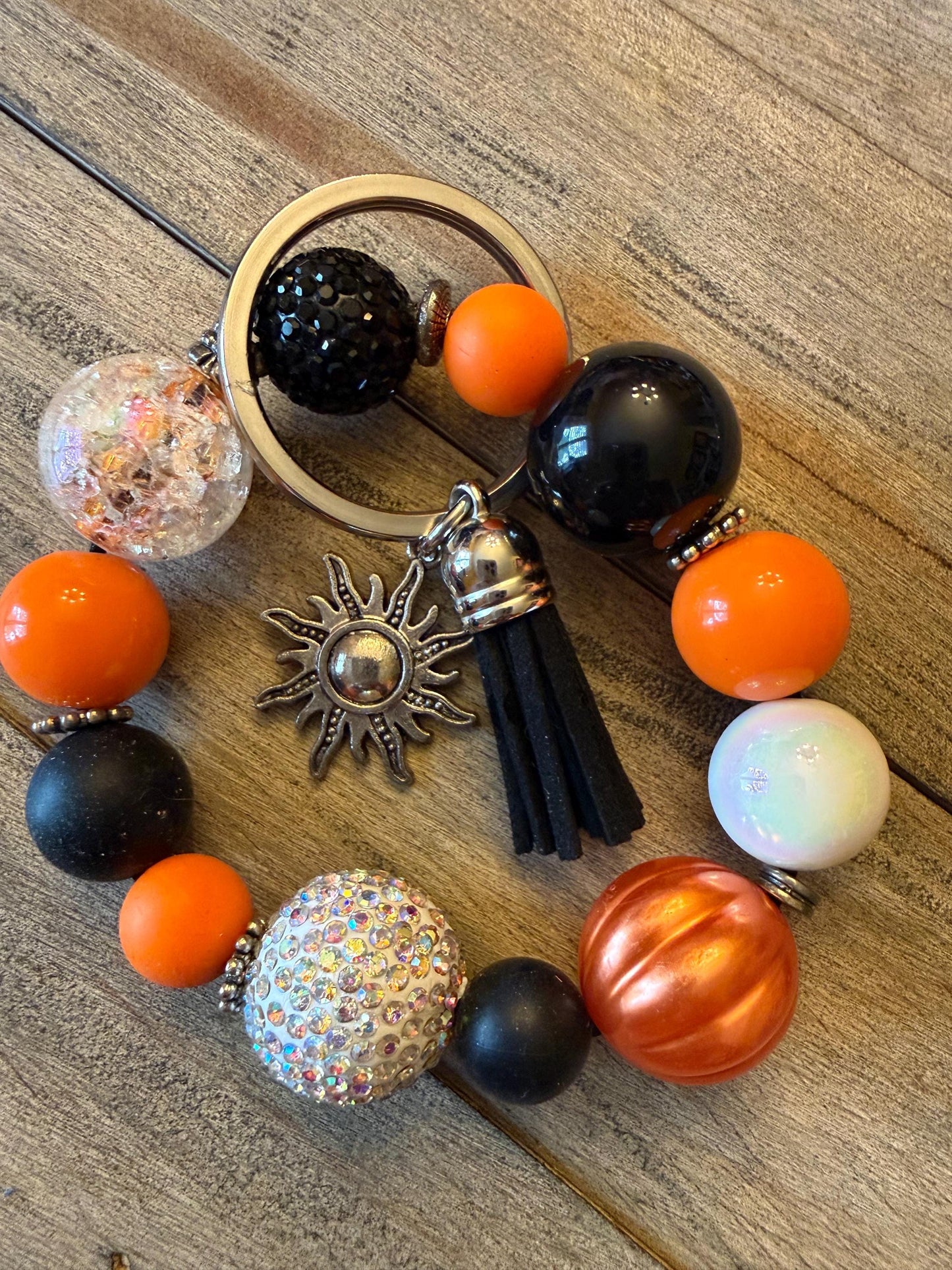 Midnight Sun Beaded Bracelet Keychain: Sun Charm Tassel - Halloween Autumn Jewelry