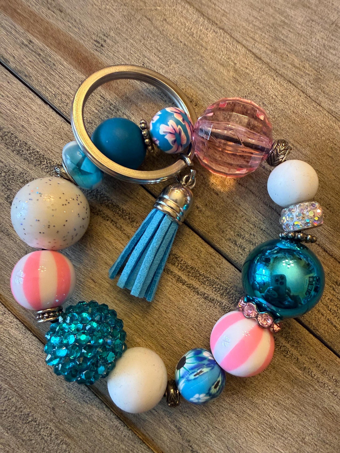 Saltwater Taffy Beaded Bracelet Keychain | Pink Teal Sparkle Wristlet