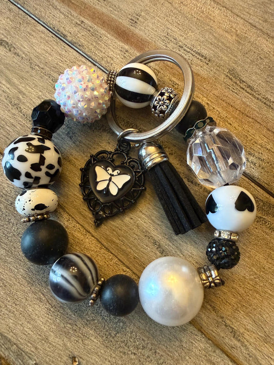 Beaded Keychain Bracelet: Black and White Butterfly Tassel Wristlet Rebel Wings