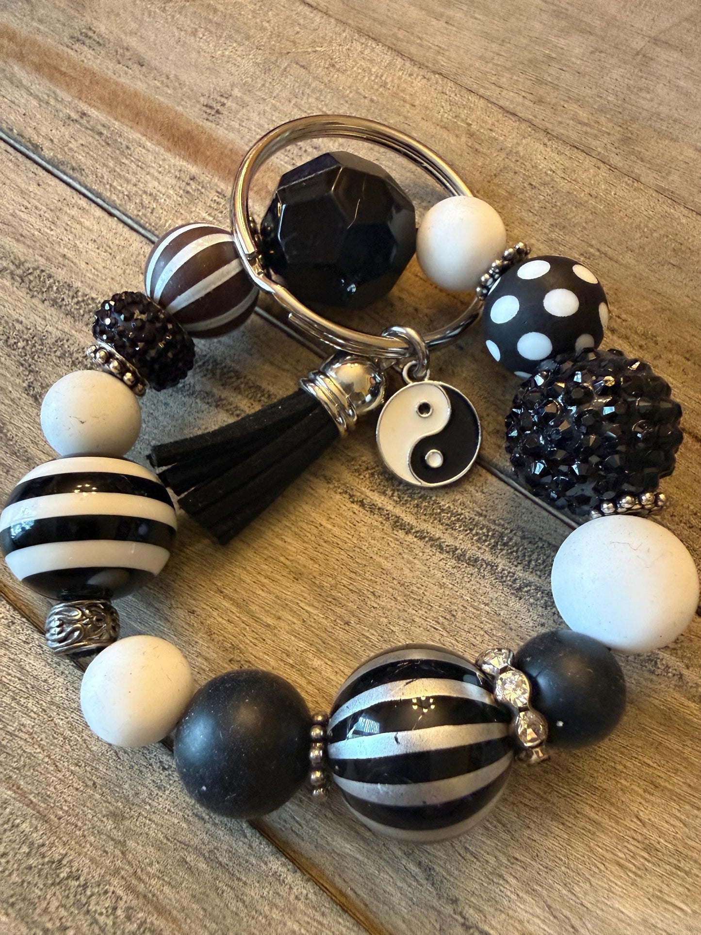 Black White Yin Yang Beaded Keychain Wristlet | Monochrome Tassel Bracelet Key Holder
