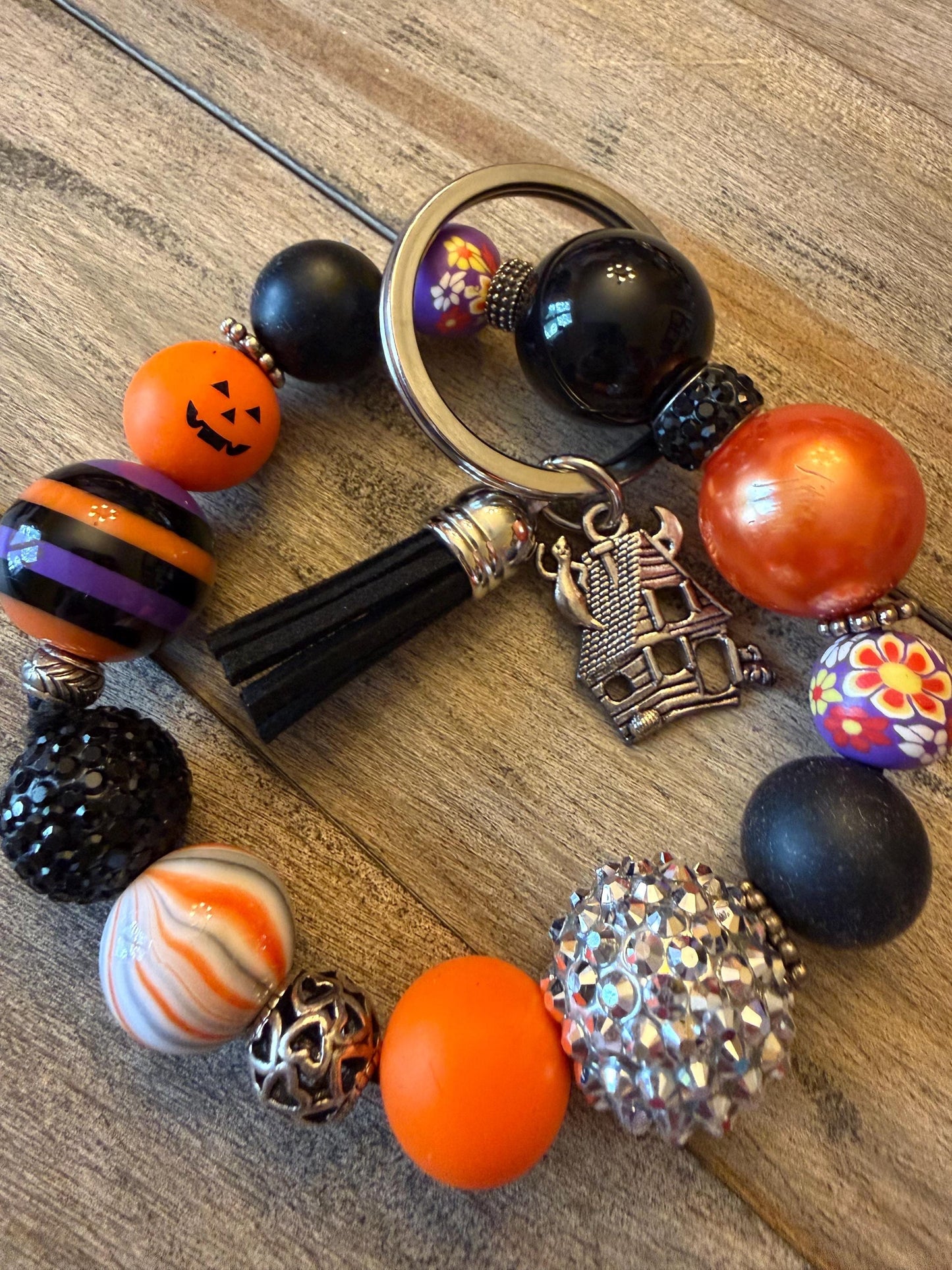 Haunted House Charm Keychain | Haunted Glam Beaded Wristlet | Halloween Accessories