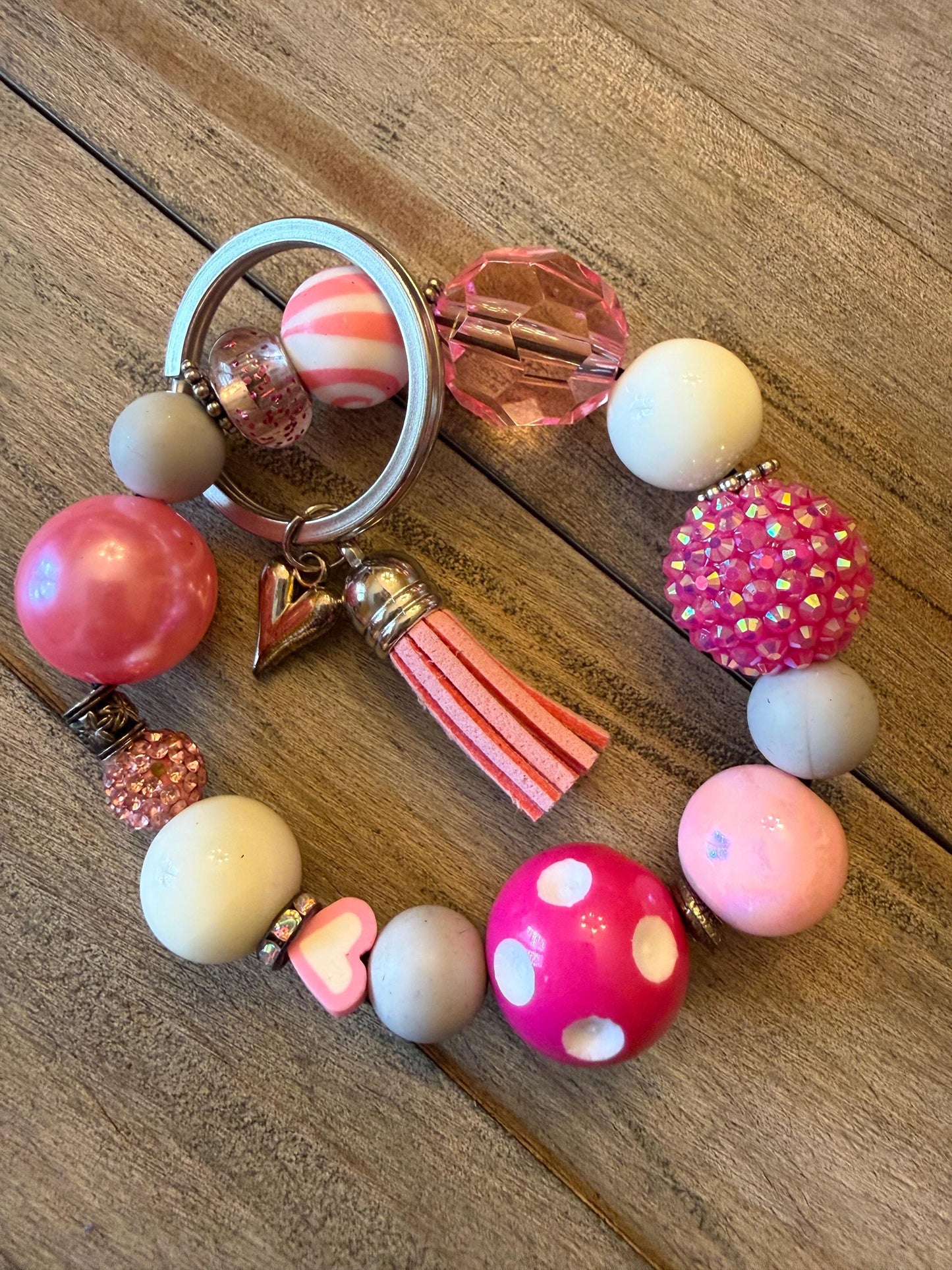Pink Beaded Bracelet Keychain – Candy Crush - Heart charm - love