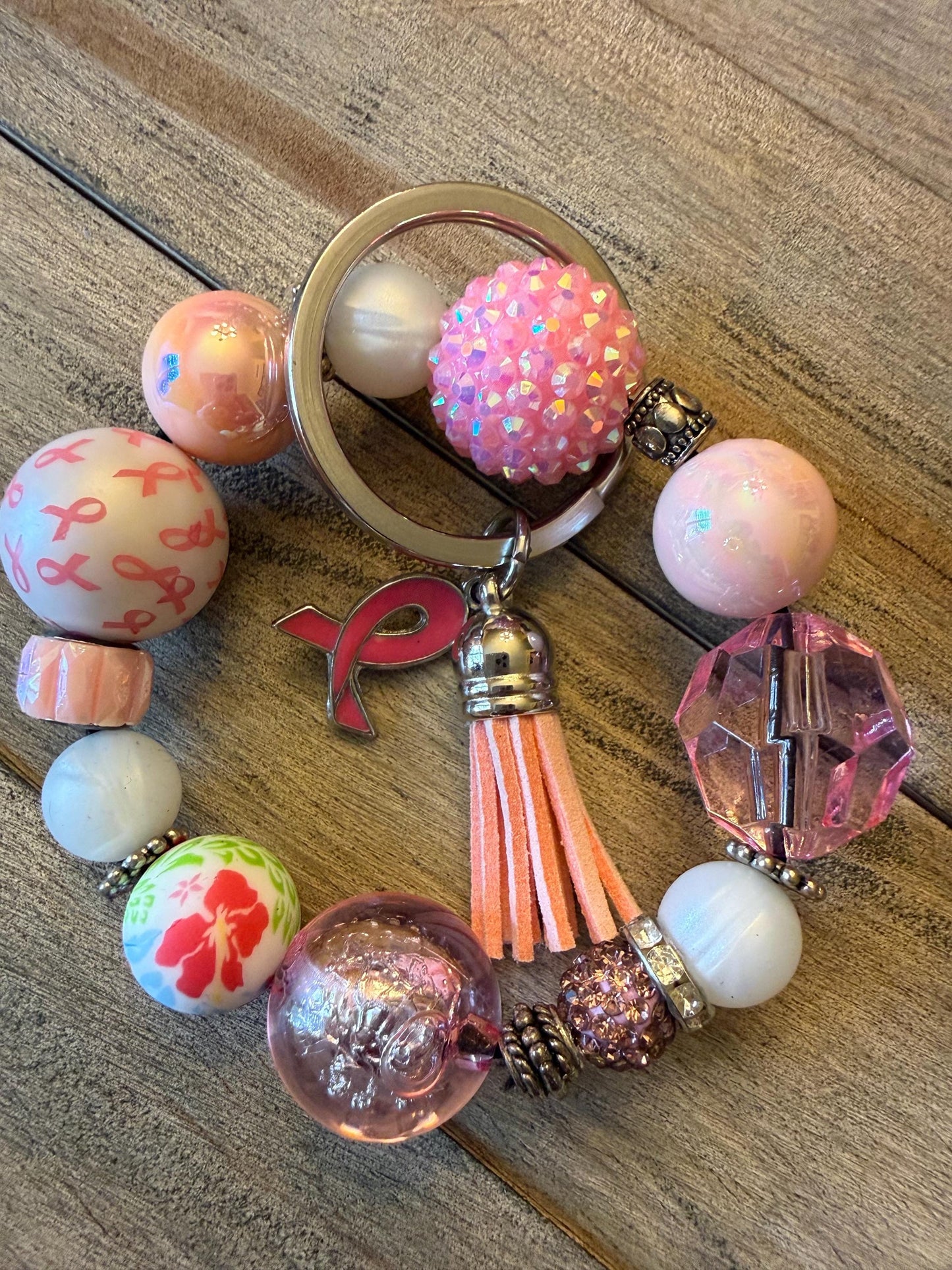Pink Ribbon Beaded Keychain Bracelet: Breast Cancer Awareness Gift | Pink Courage