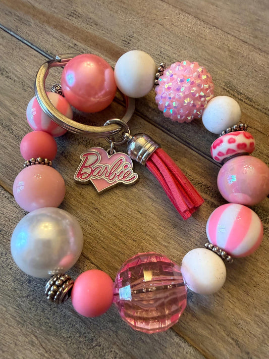 Barbie Inspired Pink Beaded Bracelet Keychain β Tassel Charm Bag Accessory