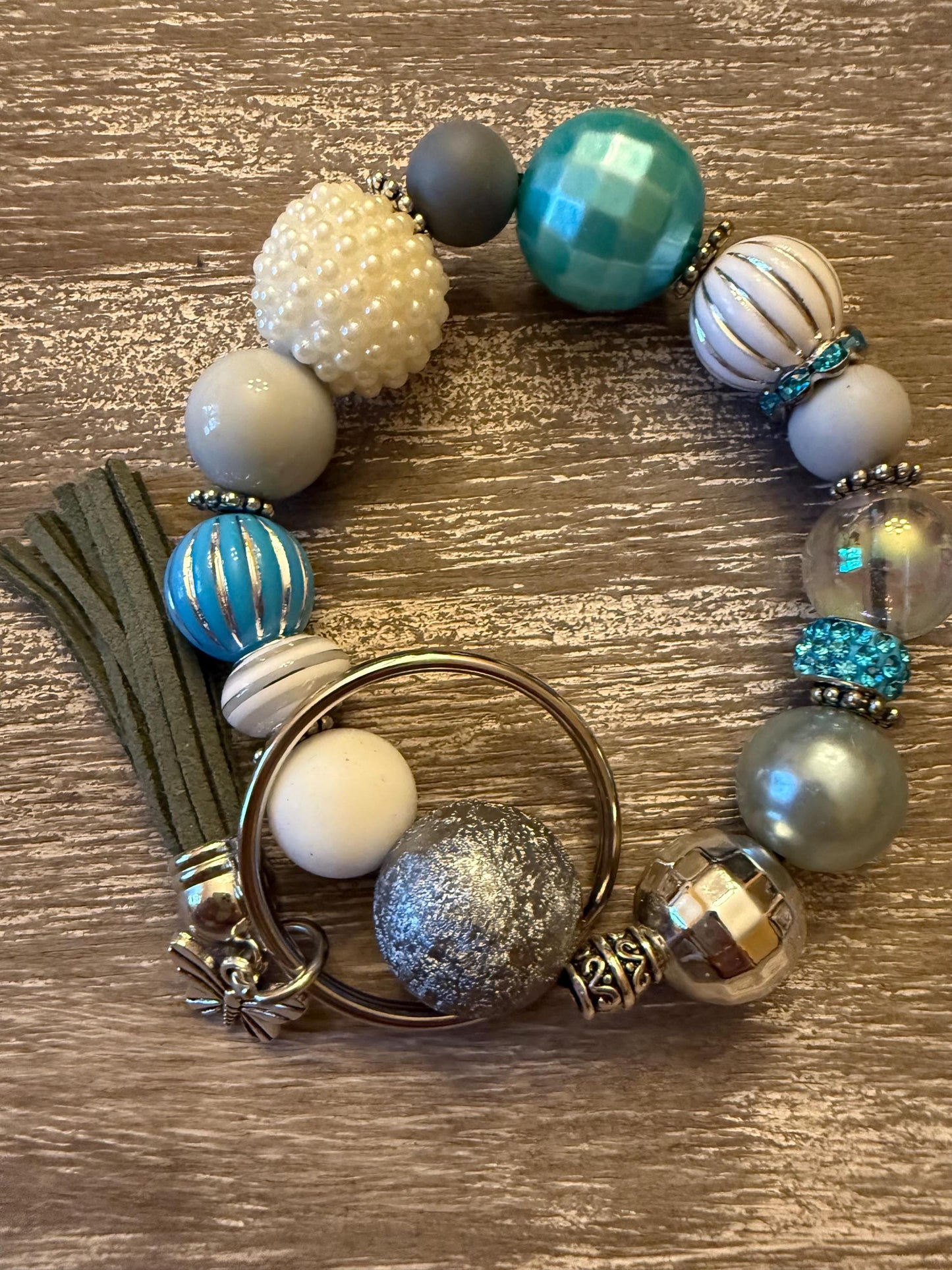 Silver Skies Beaded Wristlet Keychain | Teal, Silver, Pearl Butterfly Charm Accessory