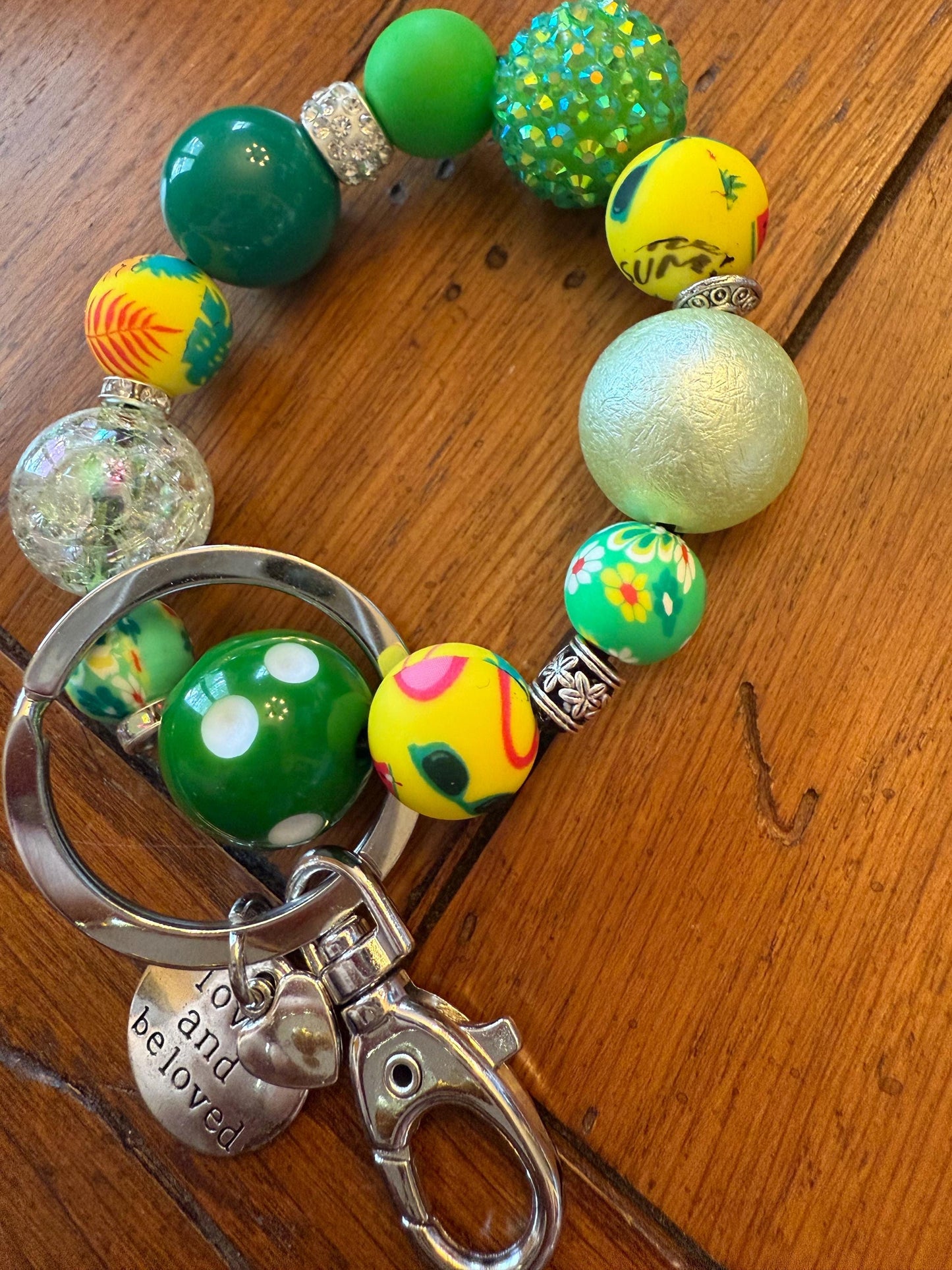 Polka dot Paradise Green & White Beaded Keychain Bracelet with Tassel