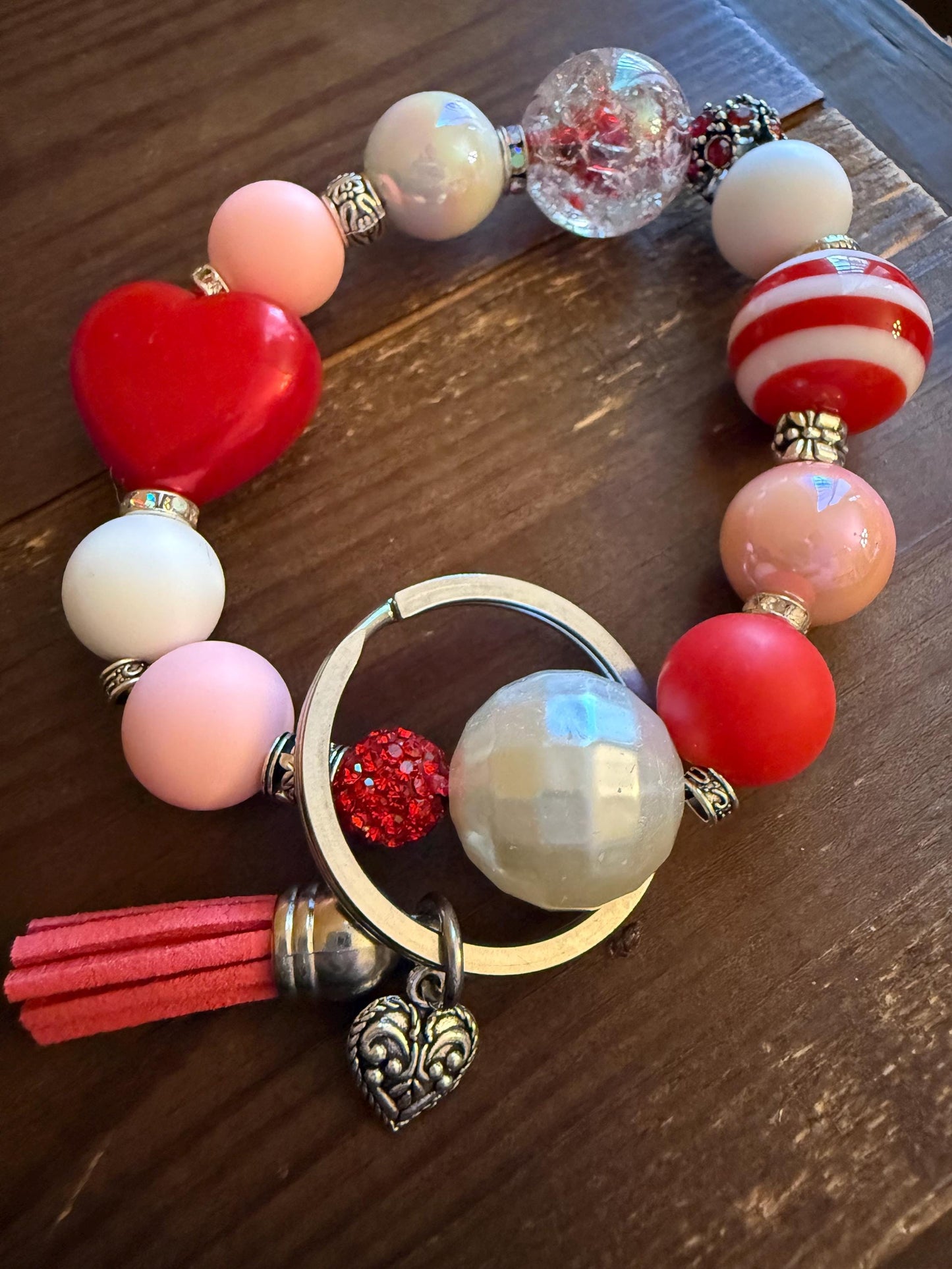 Love Is In The Air Bracelet Keychain | Red Heart Beaded Wristlet | Romantic Gift for Her