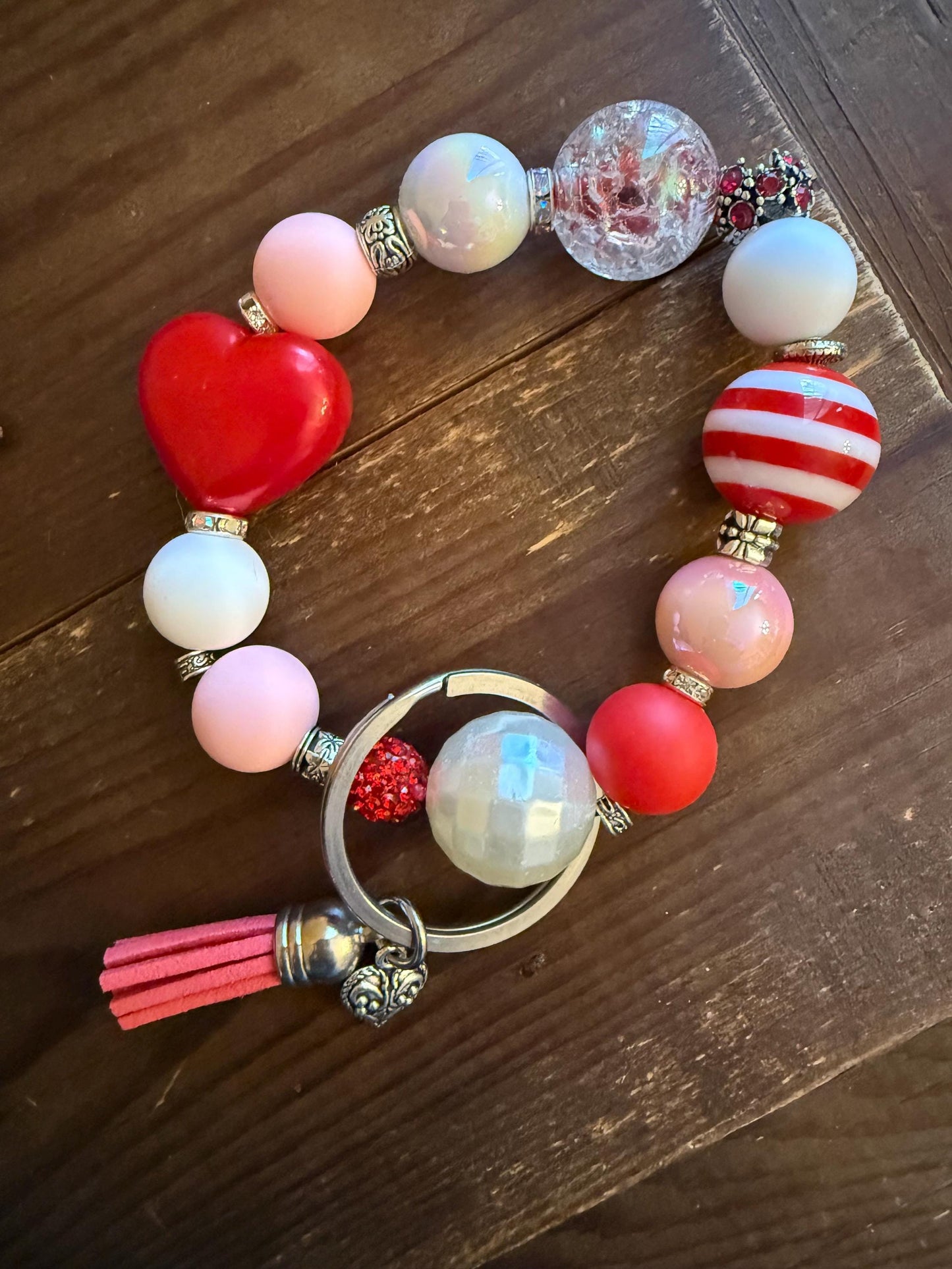 Love Is In The Air Bracelet Keychain | Red Heart Beaded Wristlet | Romantic Gift for Her