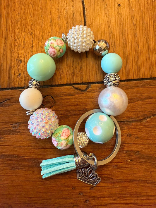 Ice Queen Princess Inspired Teal Beaded Keychain Bracelet Charm & Tassel Wristlet