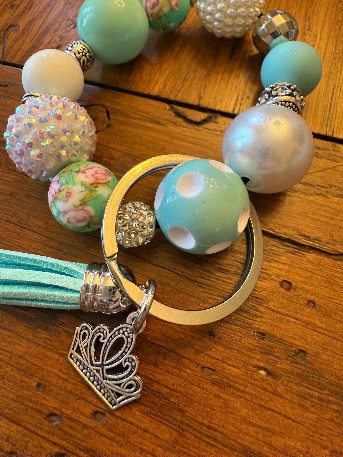 Ice Queen Princess Inspired Teal Beaded Keychain Bracelet Charm & Tassel Wristlet