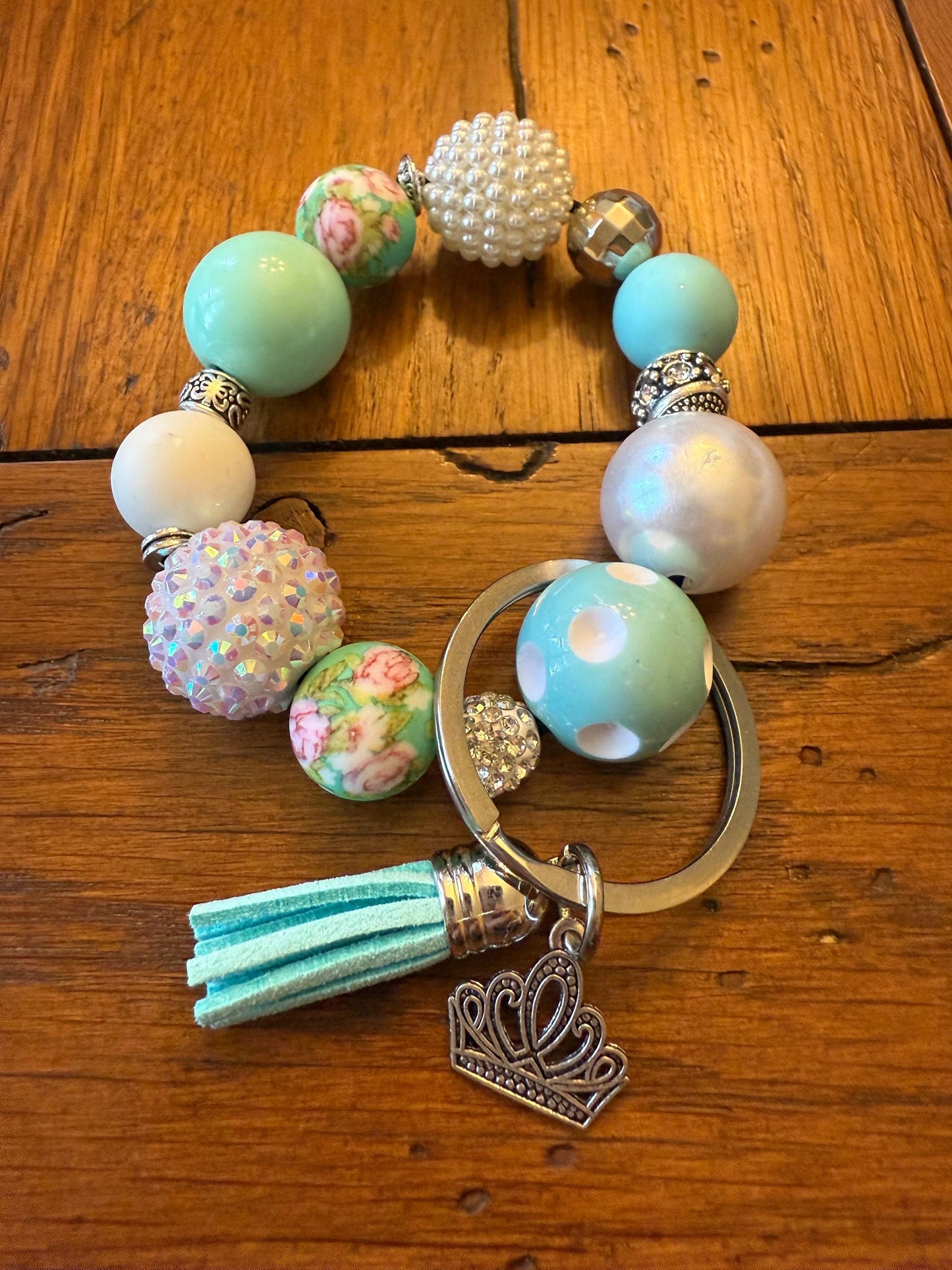Ice Queen Princess Inspired Teal Beaded Keychain Bracelet Charm & Tassel Wristlet
