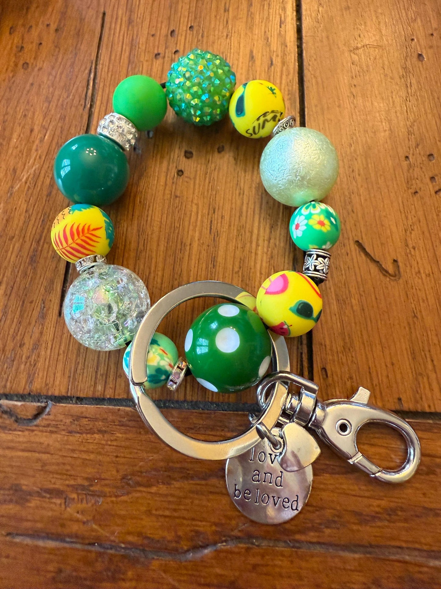 Polka dot Paradise Green & White Beaded Keychain Bracelet with Tassel