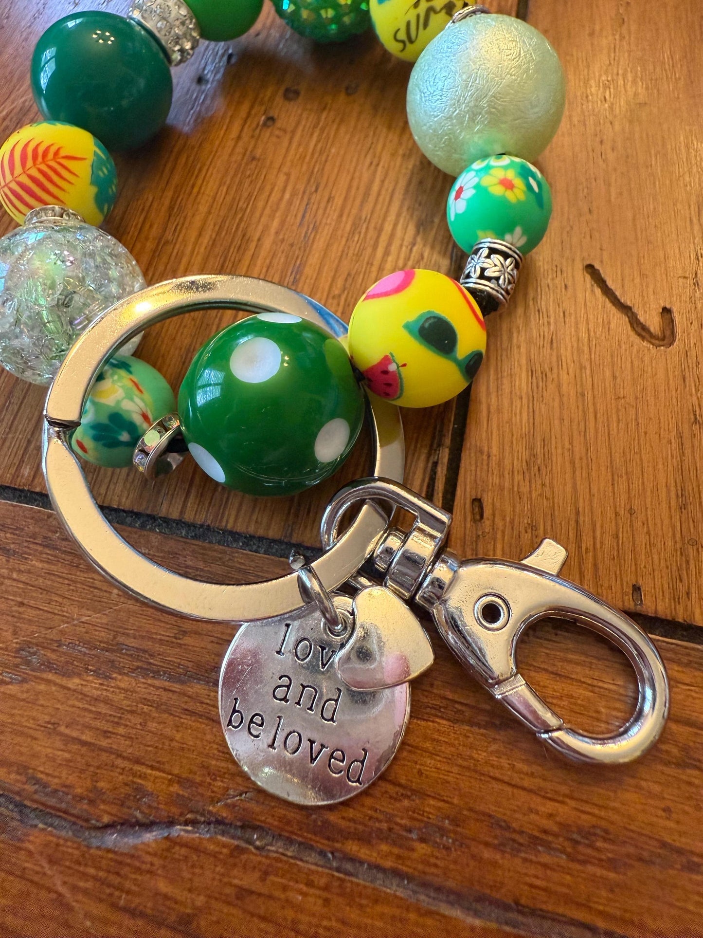Polka dot Paradise Green & White Beaded Keychain Bracelet with Tassel