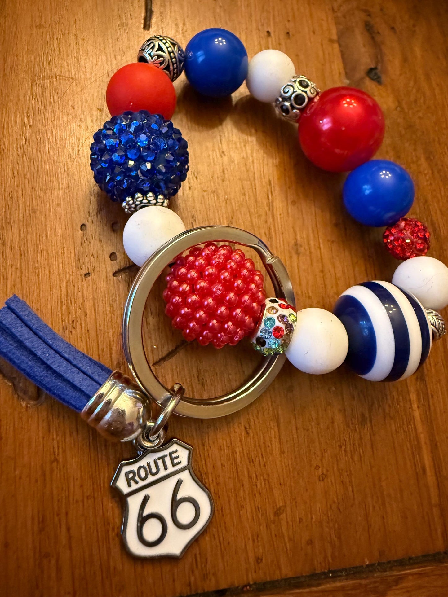 Route 66 Beaded Wristlet Keychain: Red, White & Blue Americana Jewelry