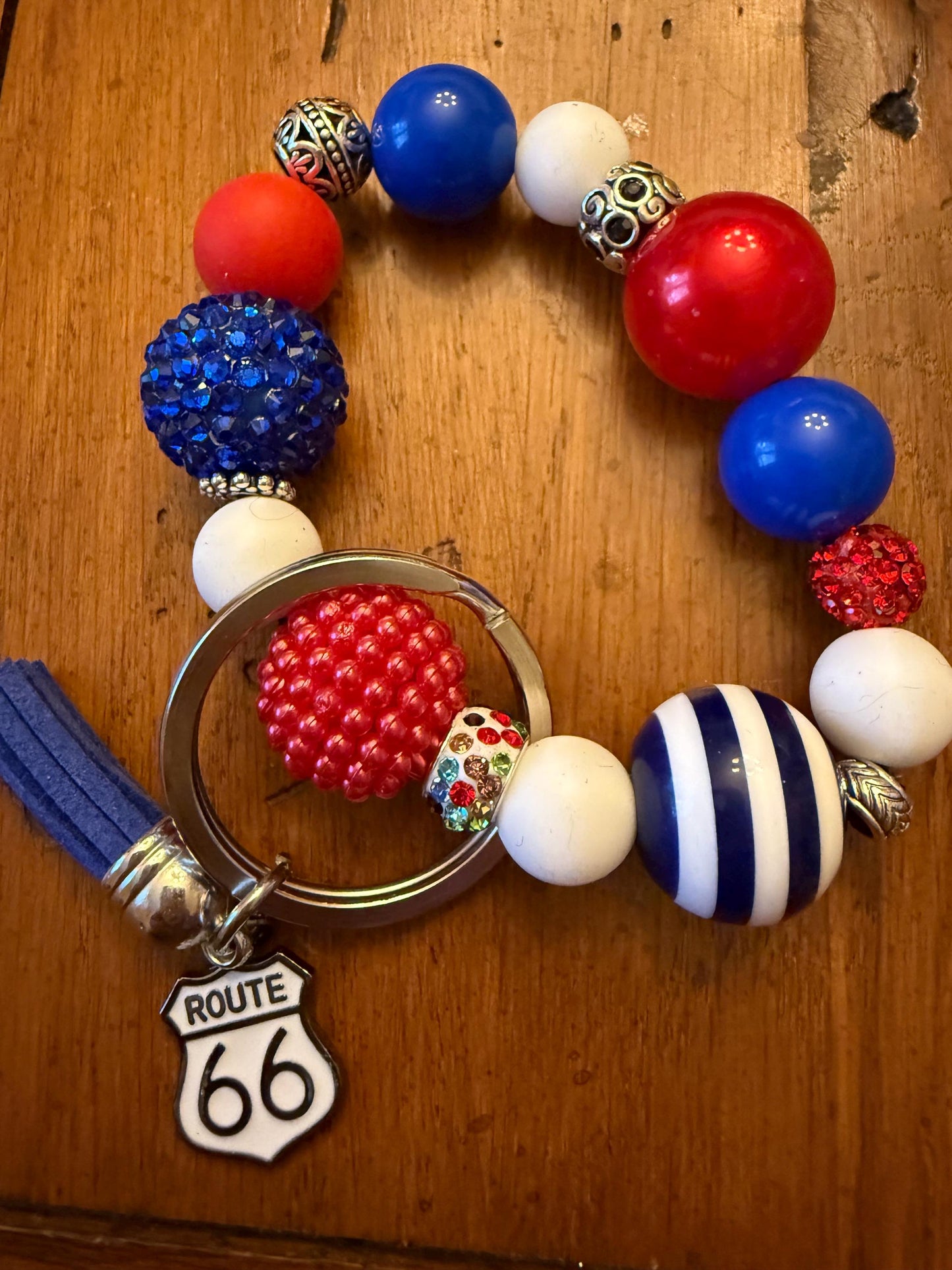 Route 66 Beaded Wristlet Keychain: Red, White & Blue Americana Jewelry