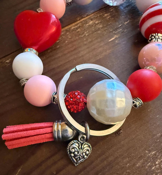 Love Is In The Air Bracelet Keychain | Red Heart Beaded Wristlet | Romantic Gift for Her