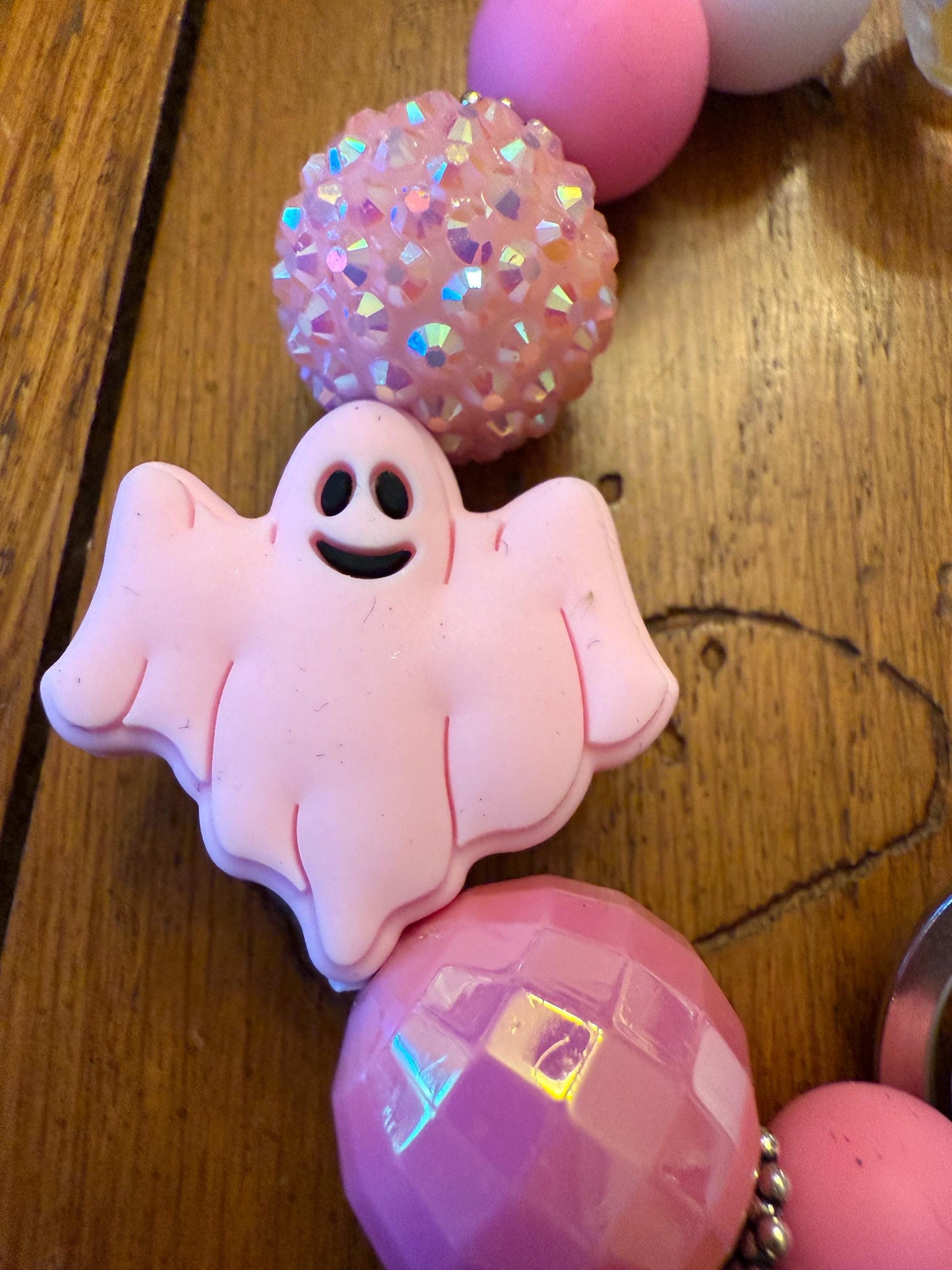 Pink Ghost Beaded Bracelet Keychain: Halloween Wristlet with Charms