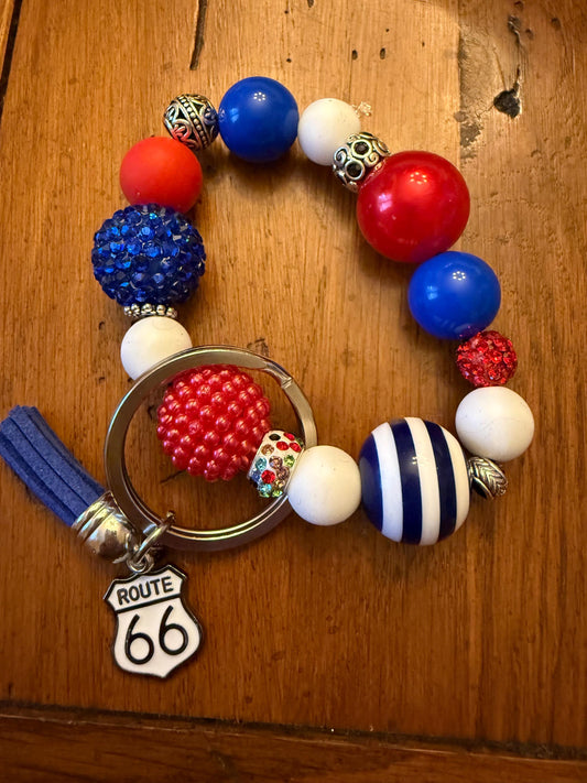 Route 66 Beaded Wristlet Keychain: Red, White & Blue Americana Jewelry