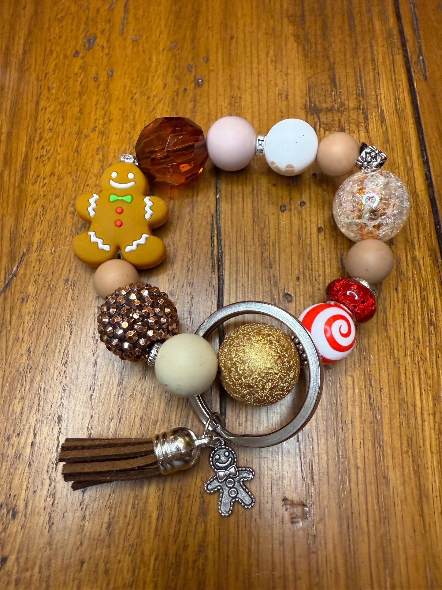 Gingerbread Sparkle Beaded Keychain Bracelet | Christmas Gingerbread Charm Wristlet | Holiday Candy Cane Tassel Keyring