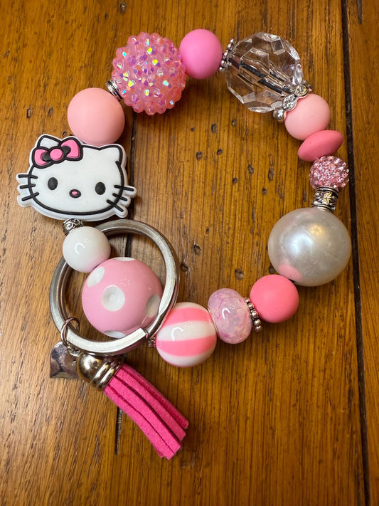 Pink Beaded Keychain Bracelet – Bubblegum Kitty Bow Charm, Kawaii Wristlet