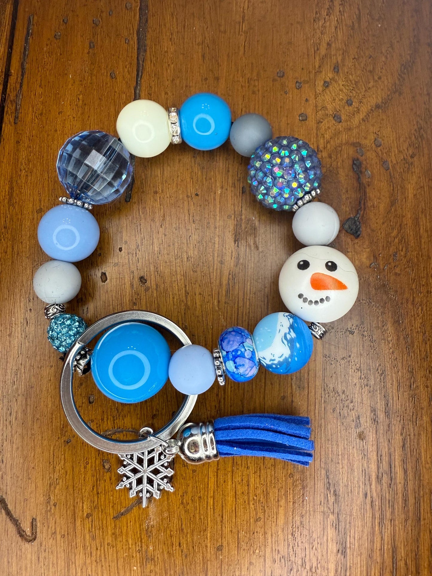 Snowman Beaded Bracelet Keychain – Winter Wristlet with Tassel Snow Day Sparkle