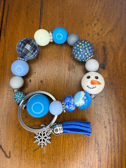 Snowman Beaded Bracelet Keychain – Winter Wristlet with Tassel Snow Day Sparkle