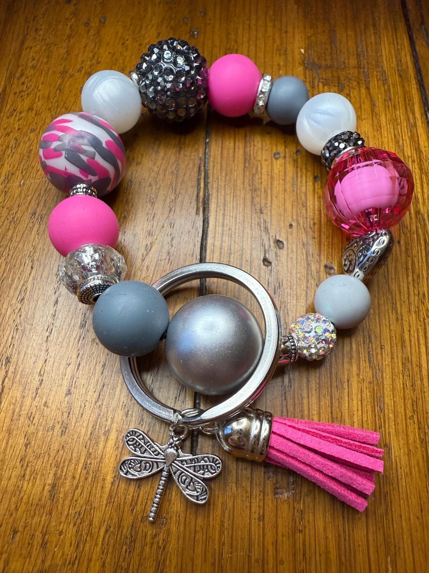 Dragonfly Beaded Bracelet Keychain | Pink Tassel Wristlet