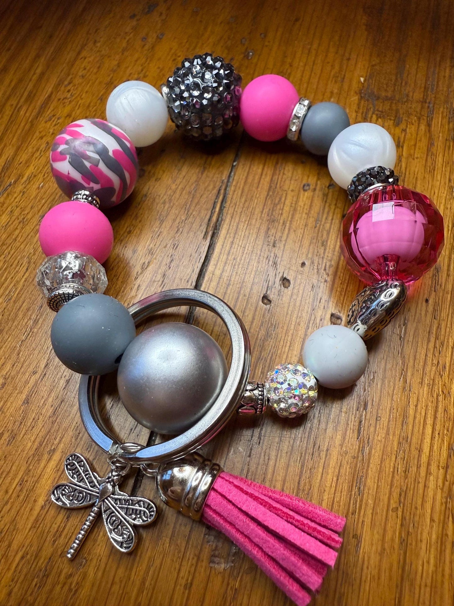 Dragonfly Beaded Bracelet Keychain | Pink Tassel Wristlet