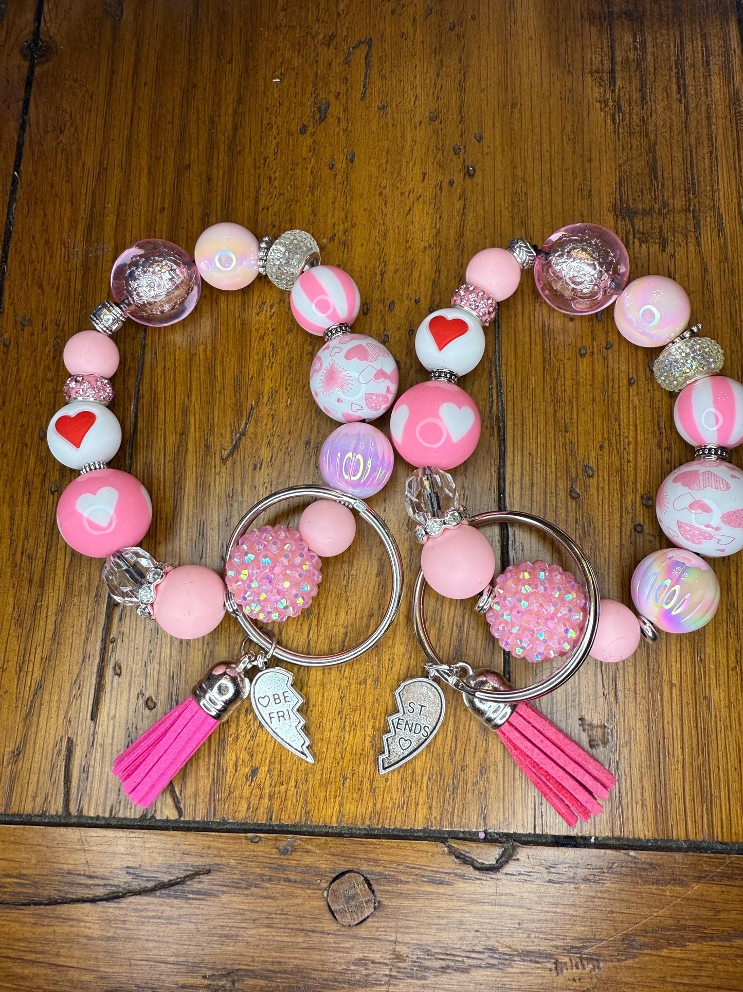 Bestie Bracelet Keychain Set – Pink Heart Friendship Gift