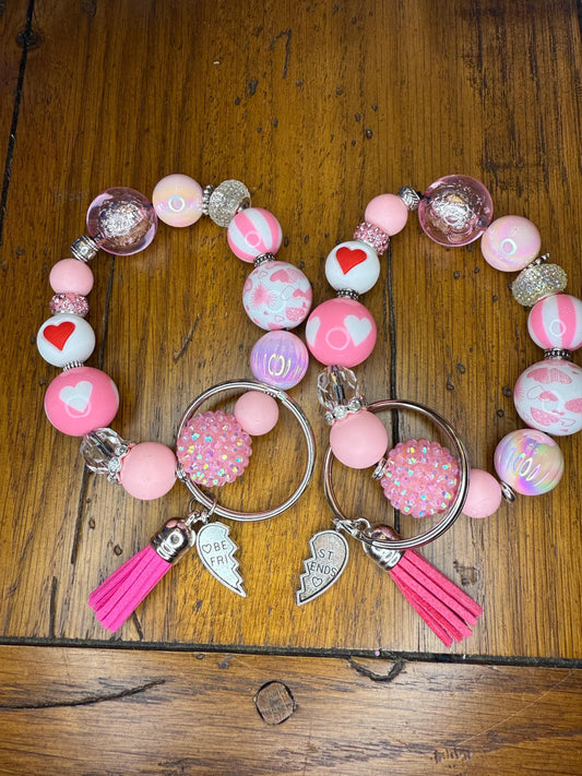 Bestie Bracelet Keychain Set – Pink Heart Friendship Gift