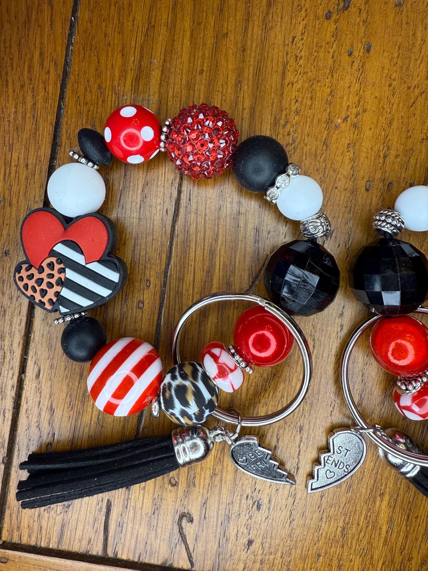 Wild Hearts Bestie Keychain Set – Red, Black & Leopard Friendship Bracelets