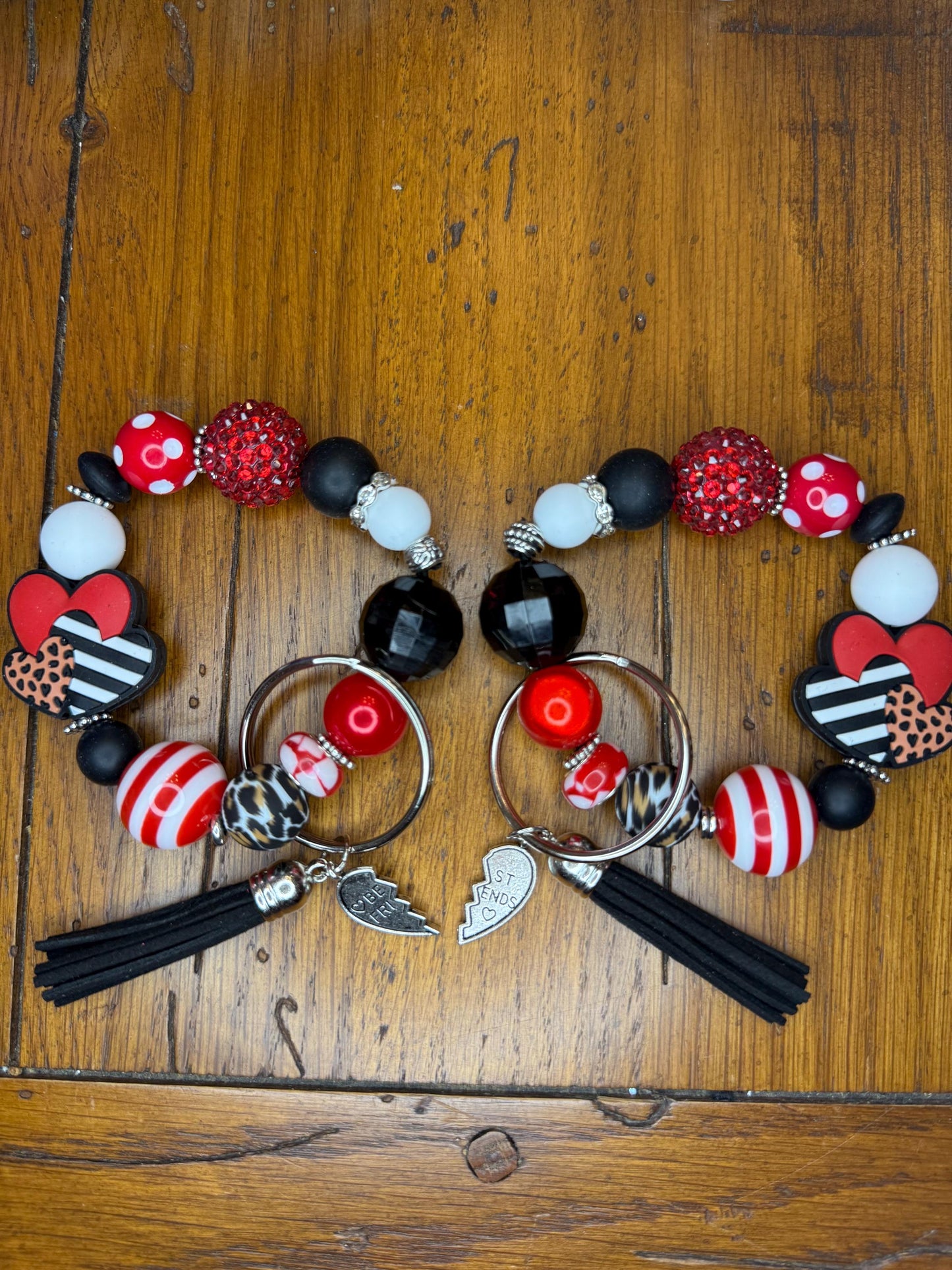 Wild Hearts Bestie Keychain Set – Red, Black & Leopard Friendship Bracelets