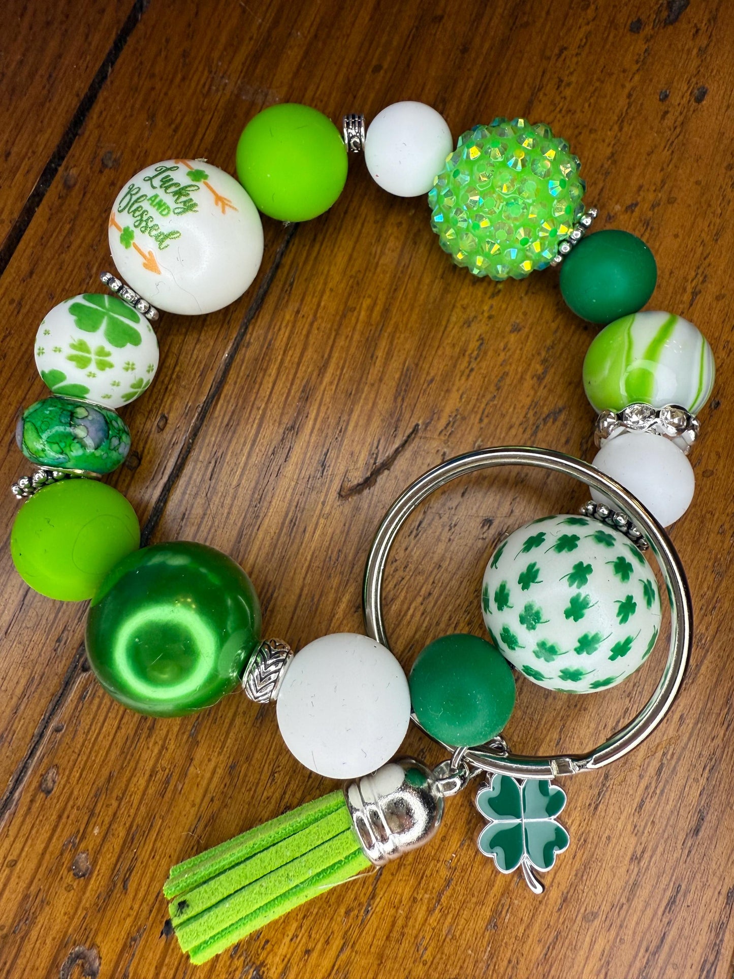 Lucky and Blessed Handmade Shamrock Beaded Keychain Bracelet – St. Patrick’s Day Wristlet