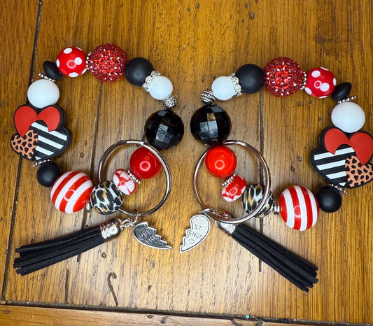 Wild Hearts Bestie Keychain Set – Red, Black & Leopard Friendship Bracelets