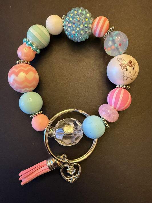 Handmade Pastel Beaded Wristlet Keychain – Bunny Charm Spring Accessory - Bunny Bloom