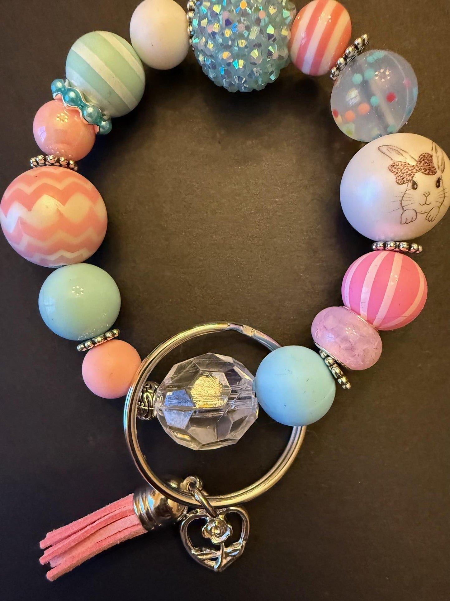 Handmade Pastel Beaded Wristlet Keychain – Bunny Charm Spring Accessory - Bunny Bloom