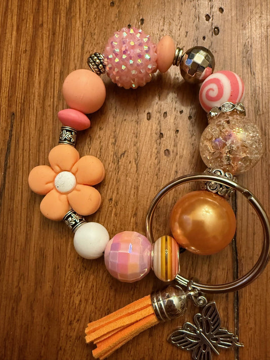 Peach Flower beaded keychain – Butterfly Accent, Cottagecore Tassel Accessory