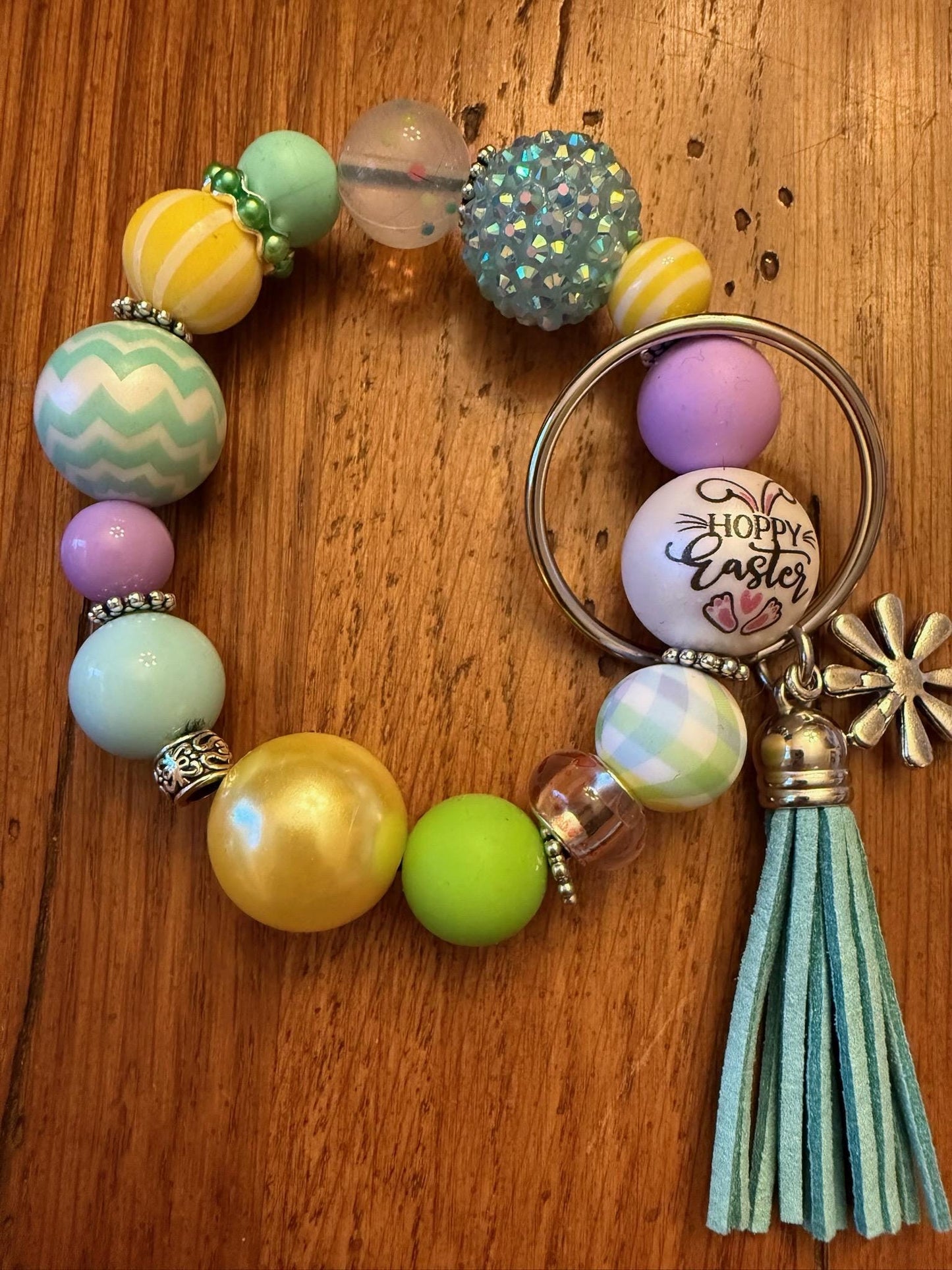 Hoppy Easter Beaded Wristlet Keychain | Pastel Spring Bunny Charm Bracelet