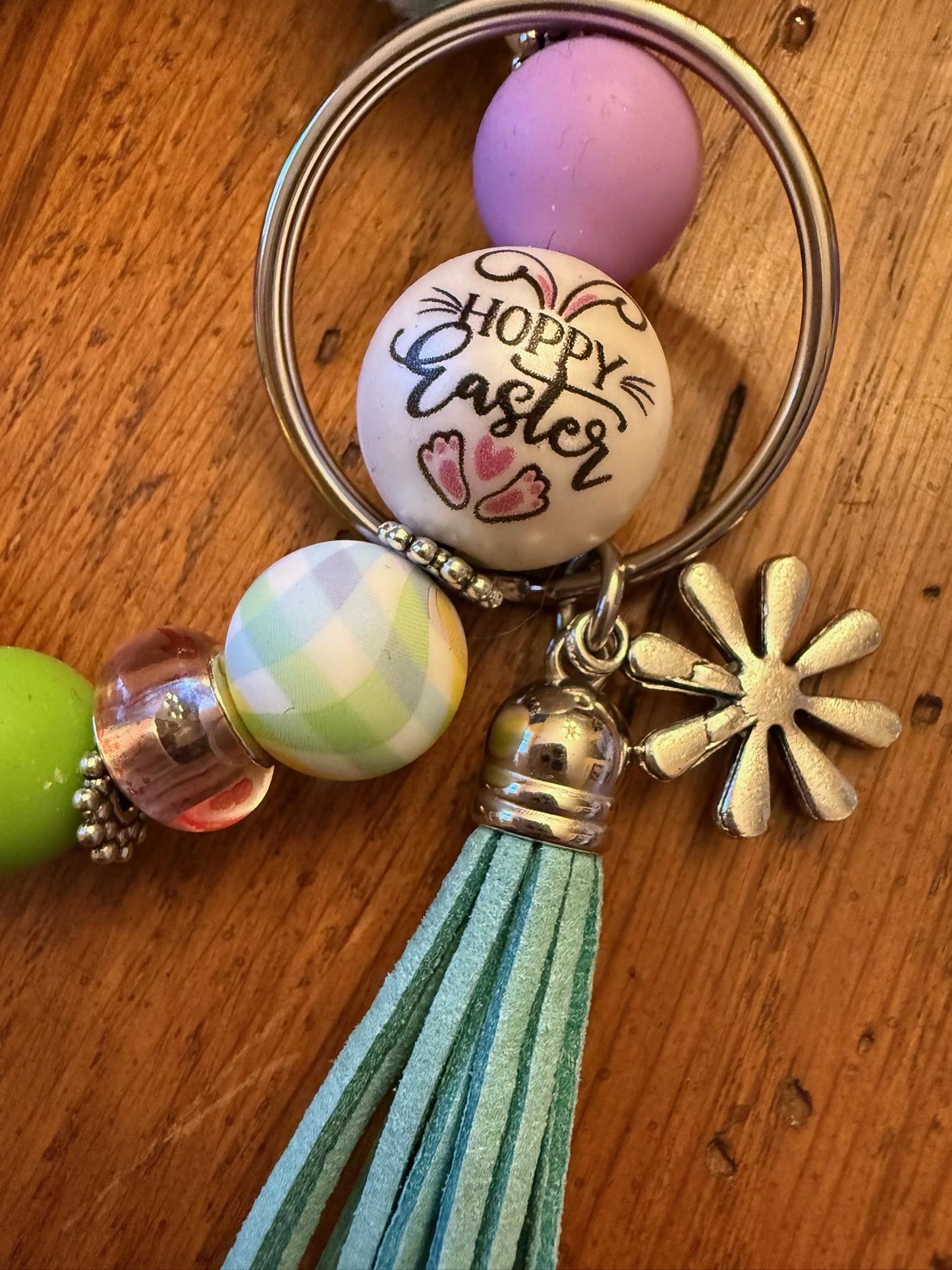 Hoppy Easter Beaded Wristlet Keychain | Pastel Spring Bunny Charm Bracelet